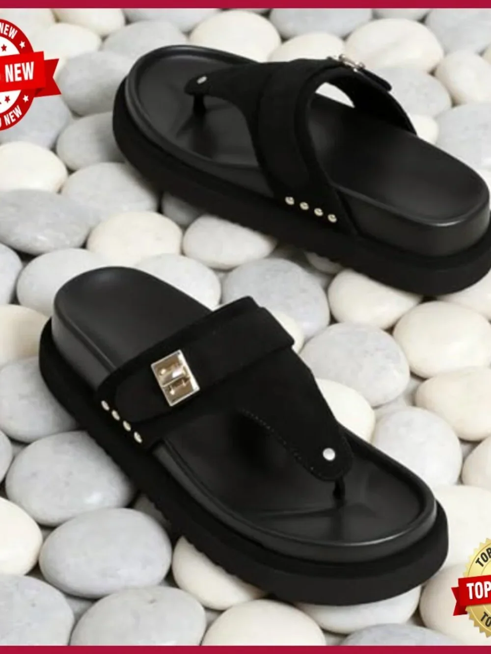 Suede Platform Flip Flops with Buckle Studded Clip Toe Arch Support